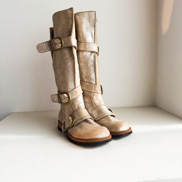 Jim Barnier Light Beige Suede Antique Gold Finish KNee High Boots 9 - Picture 3 of 9